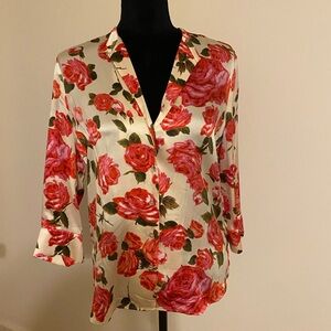 L'AGENCE Silk Blouse with Pink Floral Design STUNNING